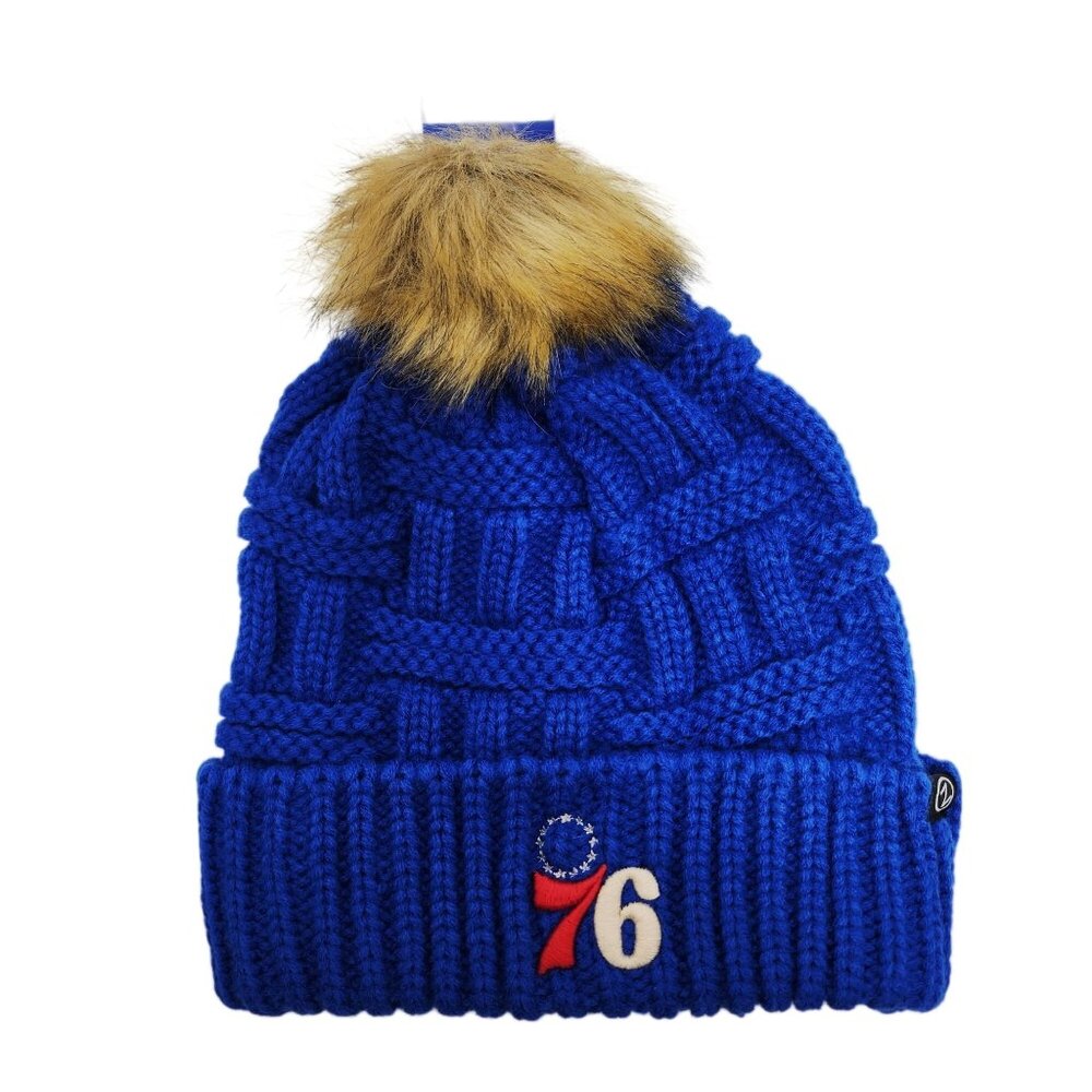 Philadelphia 76ers Women's Blue Knit Winter Hat Faux Fur Pom Embroidered Logo